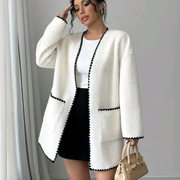 Women's Elegant Solid Color Contrast Trim V-Neck Jacket - Picture 1 of 4